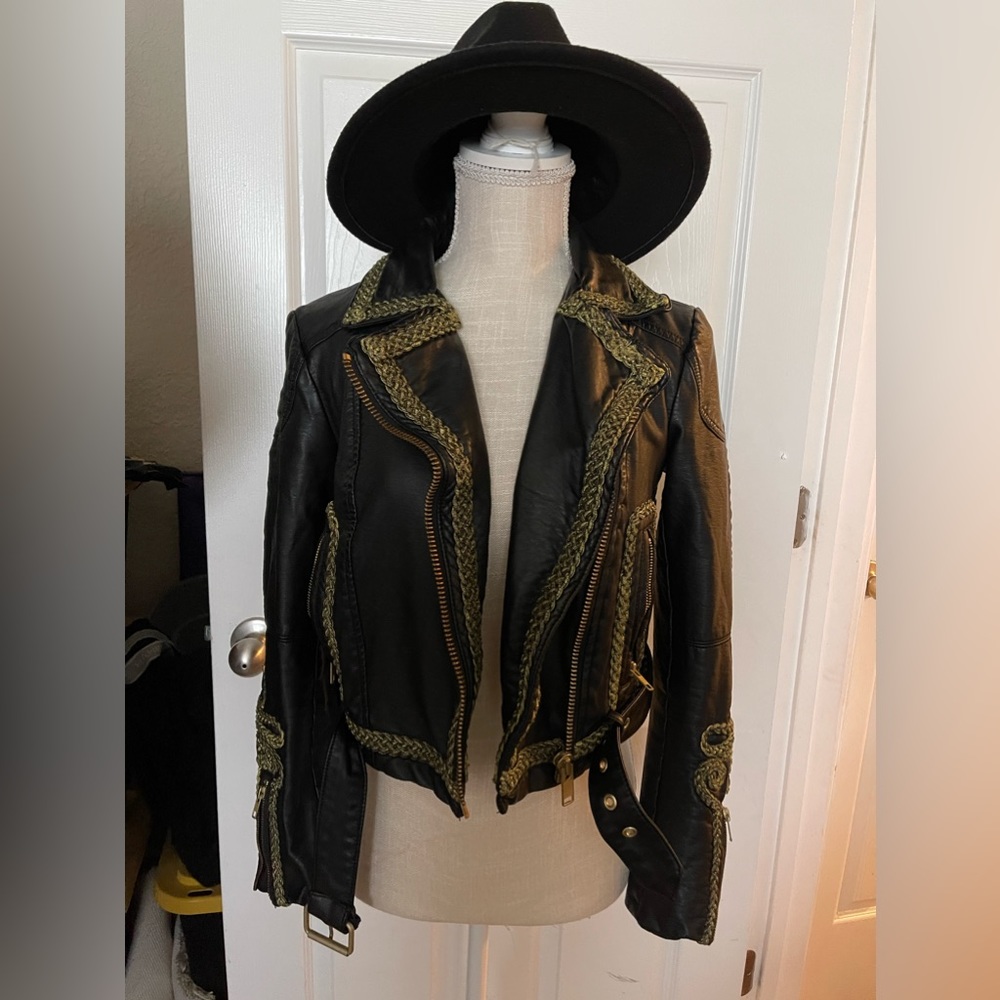 FREE PEOPLE Vegan Faux Leather Motorcycle Moto Jacket Gold Braid Detail XS HTF!